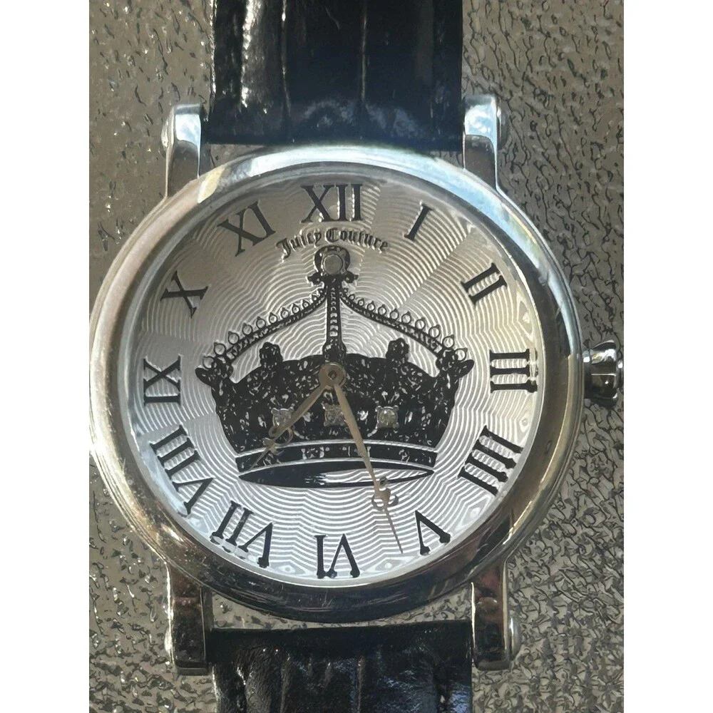 Juicy Couture Watch Womens Crown Crystal Dial Black Leather Y2K New Battery